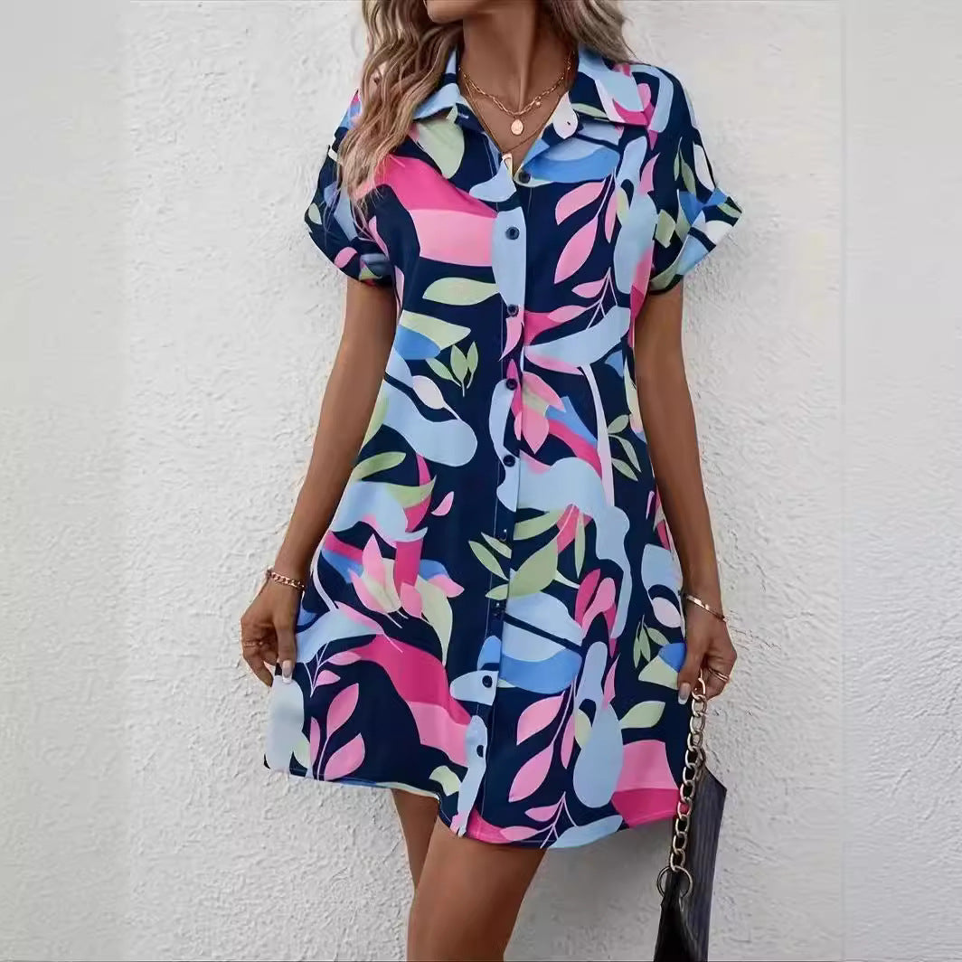 Women's Short-Sleeved Shirt Dress with Fresh Leaf Print Ivyshape