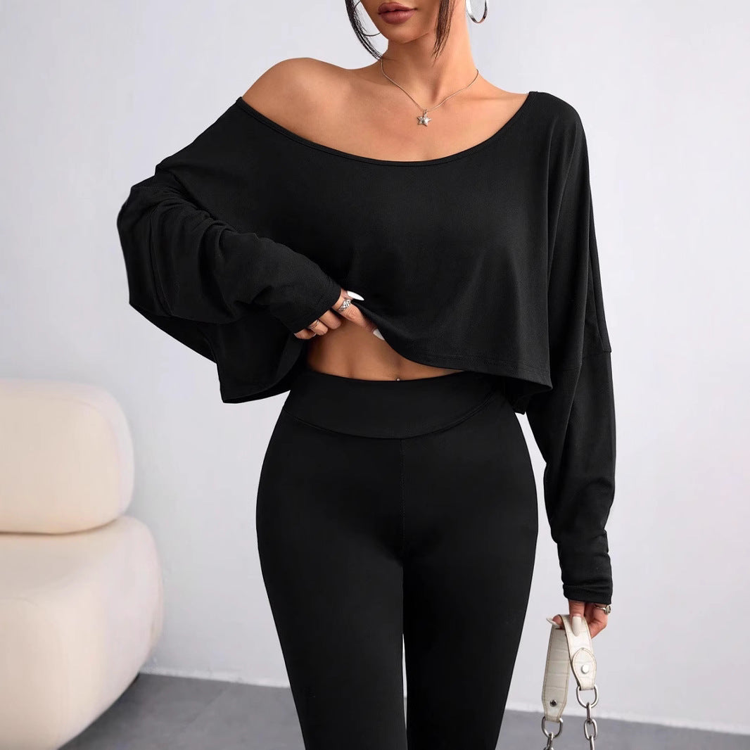 Women's casual oversized long-sleeve shirt with asymmetrical hem and boat neckline Ivyshape
