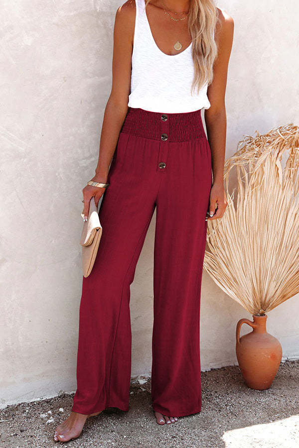 Ladies Wide High Waist Pants with Decorative Buttons Ivyshape
