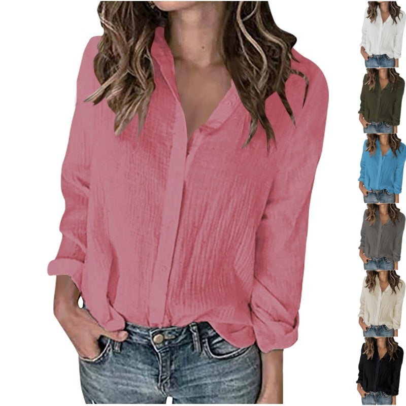 Women casual button-up blouse made of lightweight cotton blend with textured finish Ivyshape