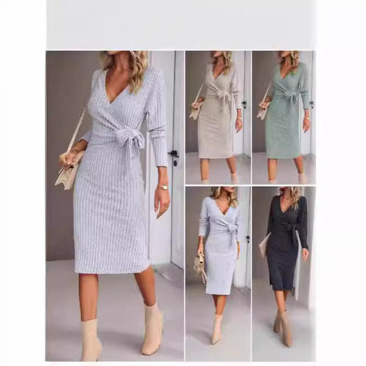 IvyShape | Elegant V-Neck Long Sleeve Knitted Tie Dress