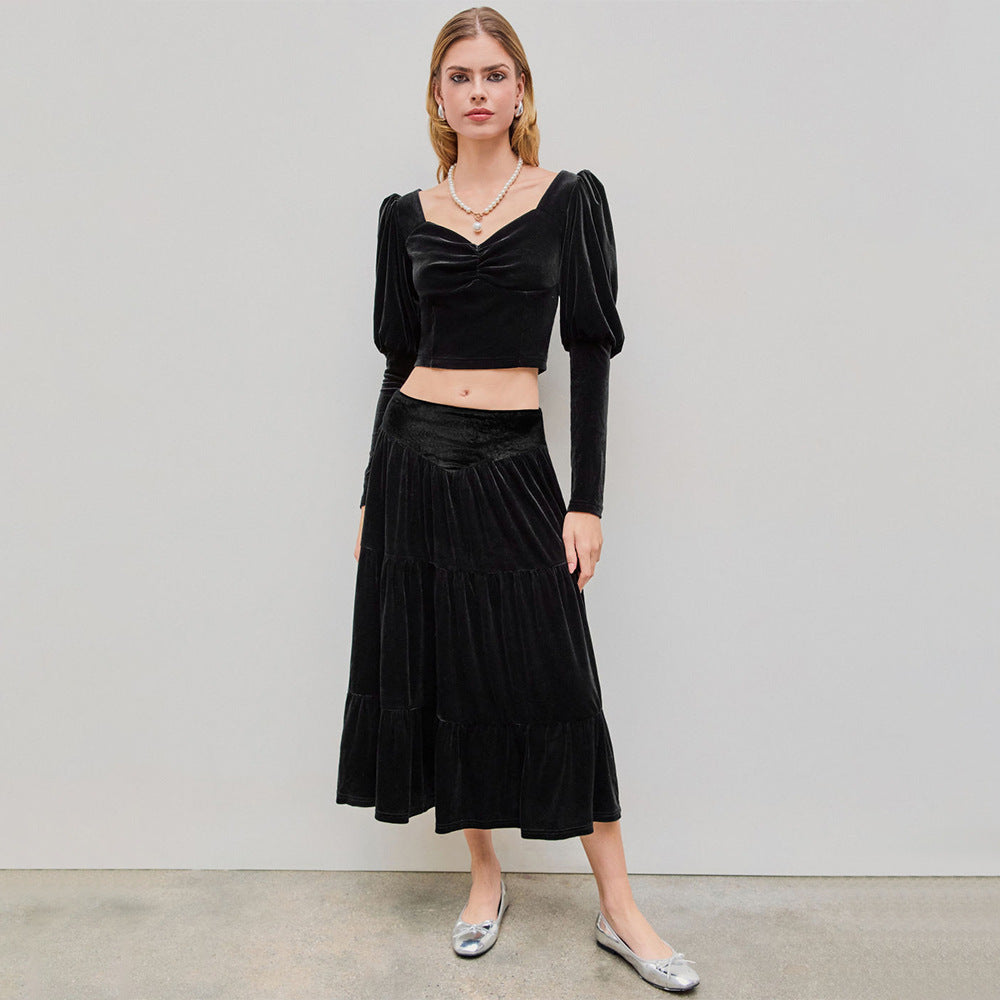 IvyShape | Mid-Length Elegant Ruffled Velvet Skirt