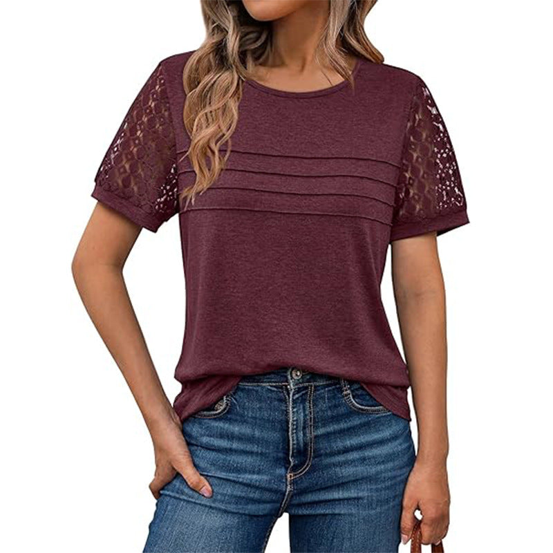 Ladies airy T-shirt with attractive crochet sleeves Ivyshape
