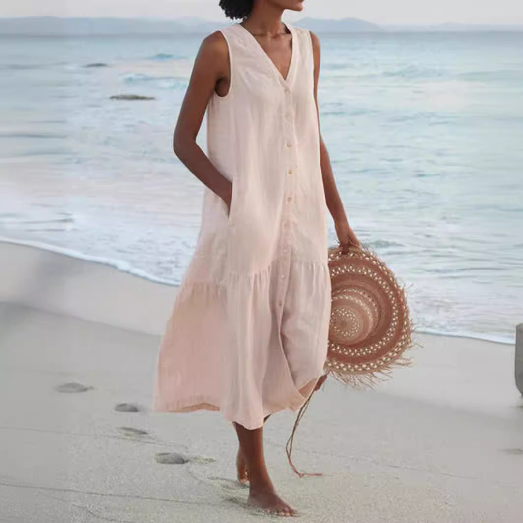 Women's airy maxi dress with button placket and practical pockets Ivyshape