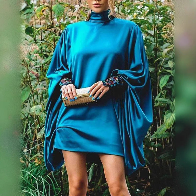 Ladies fashionable plus size mini dress with voluminous sleeves and elegant stand-up collar Ivyshape