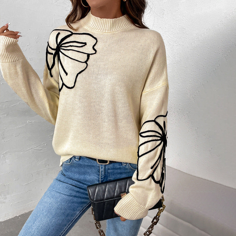 Ladies knitted sweater with floral design and high collar Ivyshape
