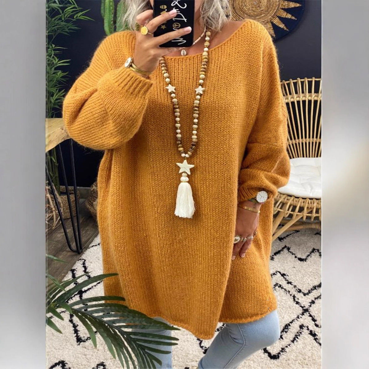 Women's casual long sleeve knitted sweater in oversized style with side slits Ivyshape