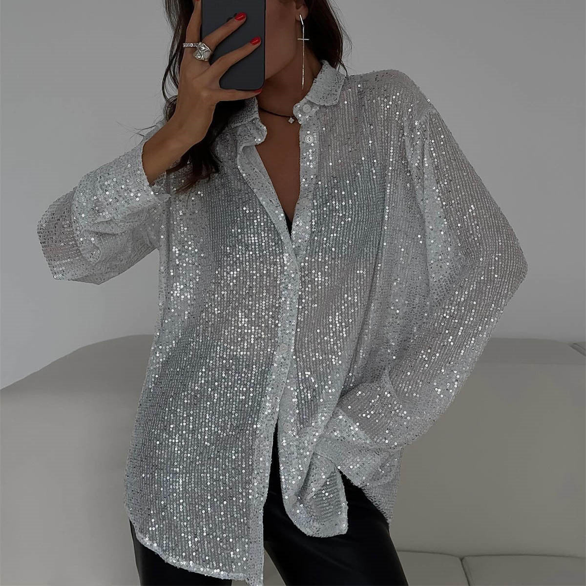 IvyShape | Sequin Lapel Long Sleeve Cardigan Shirt Jacket