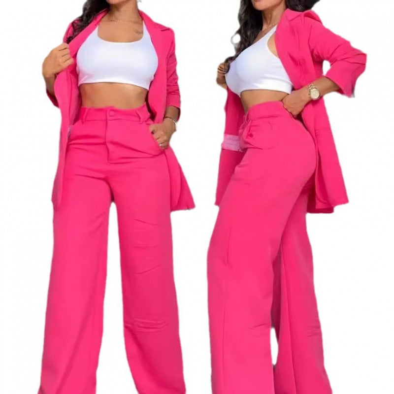 Ladies Elegant Two-Piece Set with Wide Leg Trousers and Tailored Blazer Ivyshape