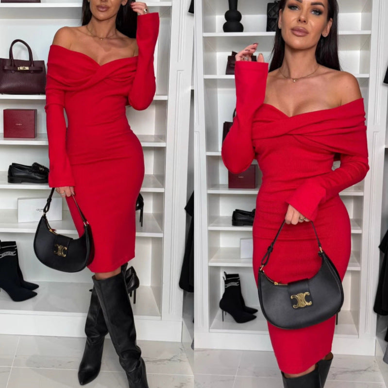 Women Off-Shoulder Knit Midi Dress Ivyshape