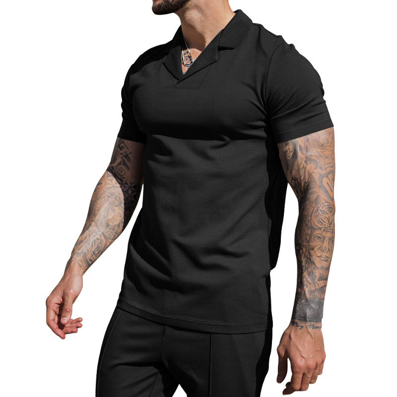 Men's short sleeve shirt with classic Henley neckline and textured surface Ivyshape