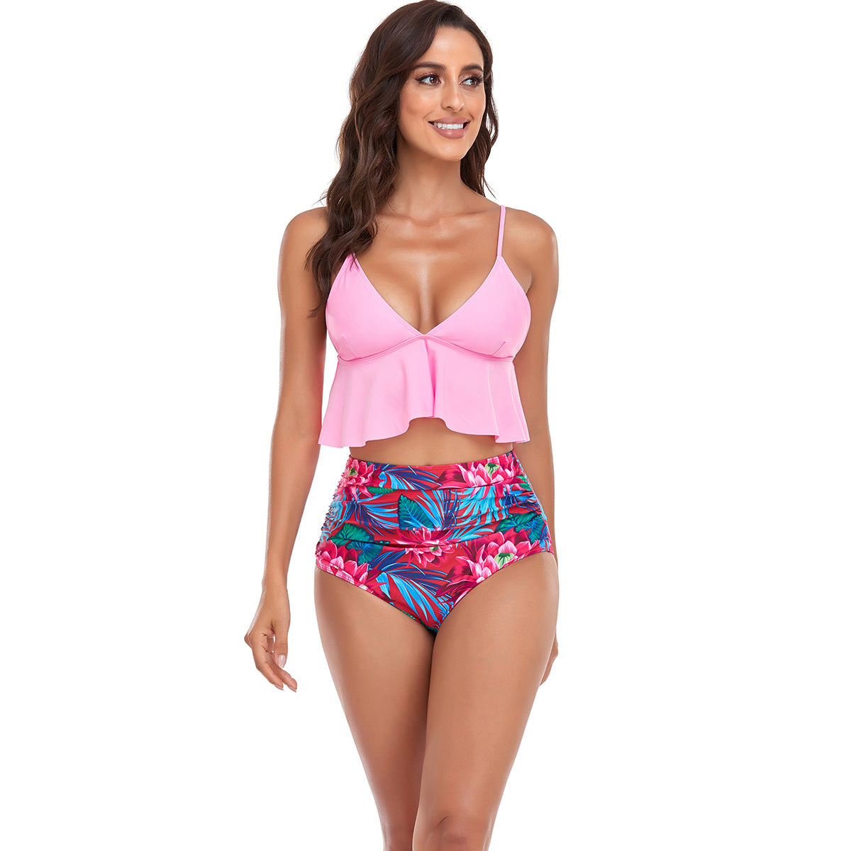 Women's bikini set with voluminous ruffle top and high-cut swim shorts Ivyshape