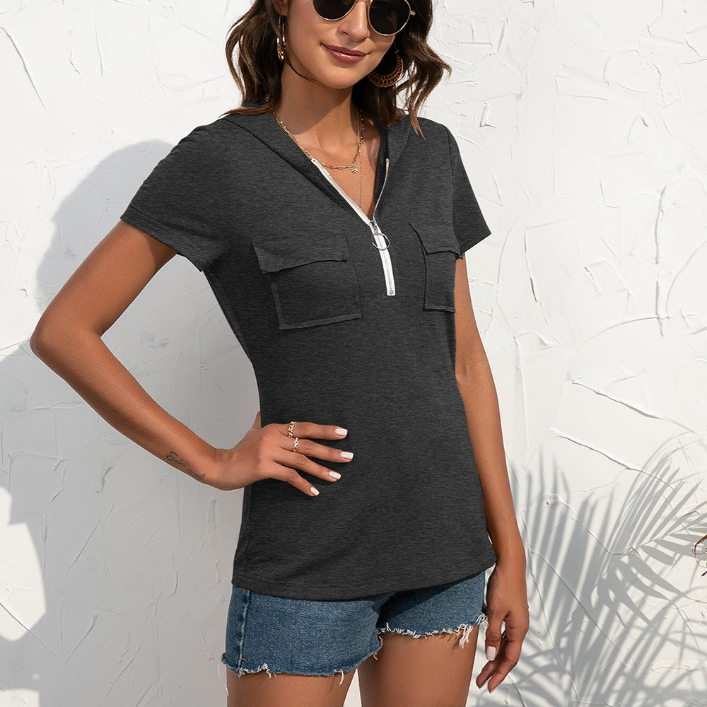 Women's Short Sleeve Hoodie Top with Practical Pockets and Zipper Ivyshape