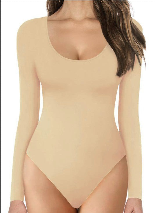 Women's Long Sleeve Bodysuit with Round Neckline and Figure-Hugging Fit Ivyshape