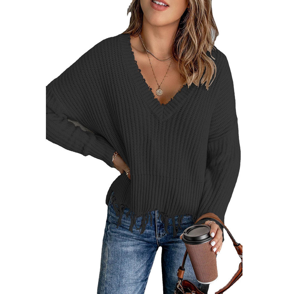 Women's V-neck knitted sweater with fringes Ivyshape