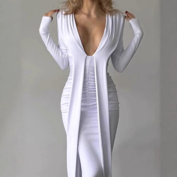 Women Figure-Enhancing Dress with Deep V-Neck and Refined Ruffle Details Ivyshape