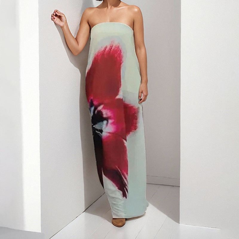 IvyShape | Elegant Strapless Printed Maxi Dress with Flared Skirt