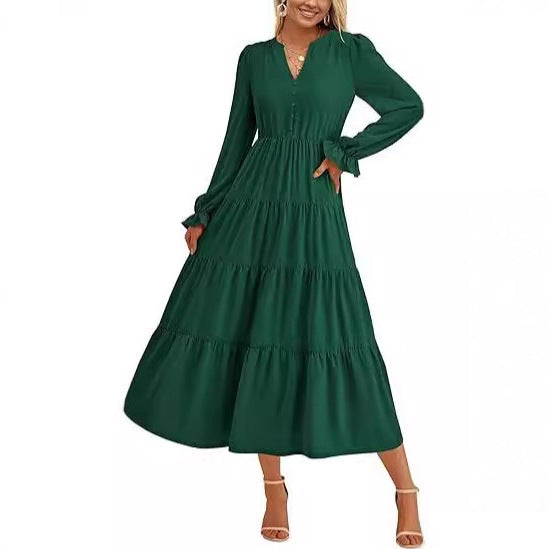 Women's maxi dress with button-decorated front and voluminous sleeves Ivyshape