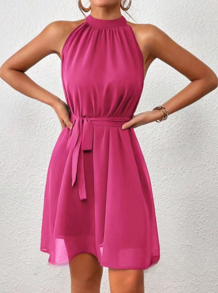 Women's short dress with high-neck collar and belt Ivyshape
