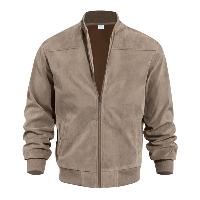 Men's suede bomber jacket with trendy stand-up collar and practical pockets Ivyshape