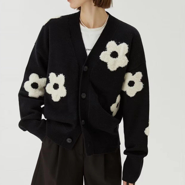 Women Fashionable Knitted Cardigan with Floral Applications Ivyshape