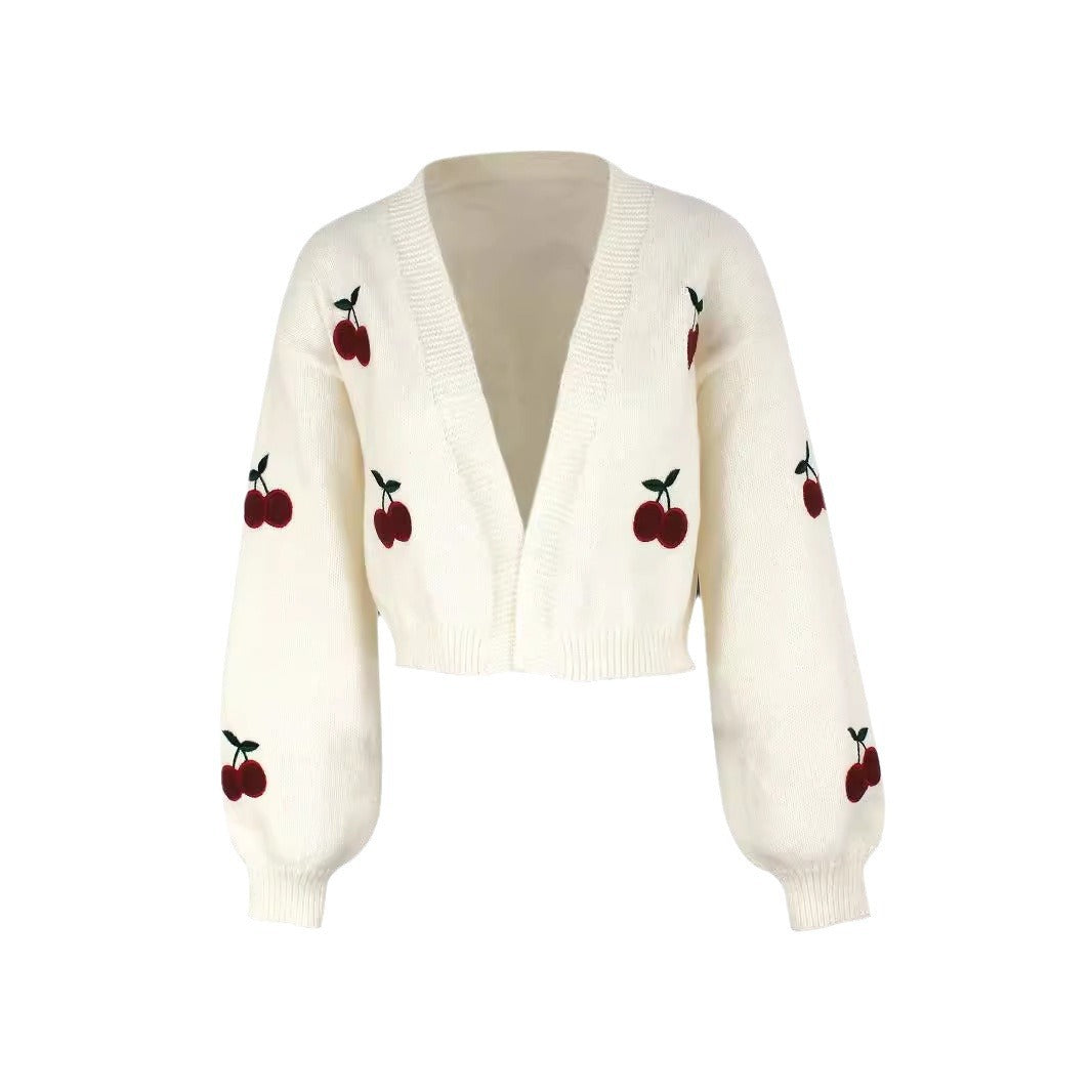 Ladies airy knitted cardigan with sweet cherry embroidery Ivyshape