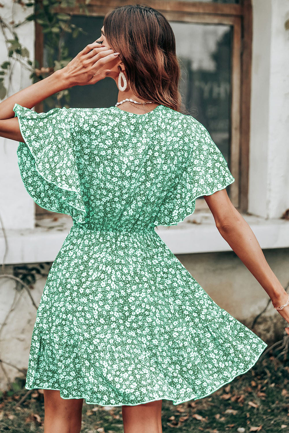 IvyShape | Ruffled Sleeve Cinched Waist Big Swing Midi Dress