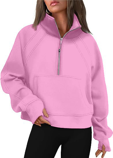 Women Sporty Sweater with High Collar and Zipper Ivyshape