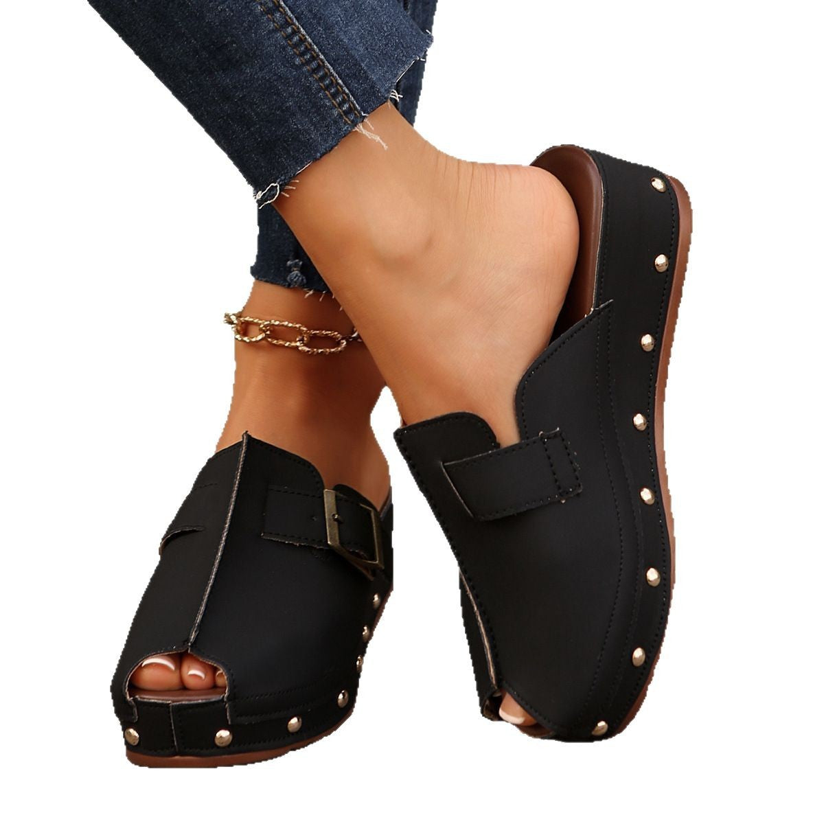 Ladies Wedge Slides with fashionable metal closure and elegant decorative studs Ivyshape