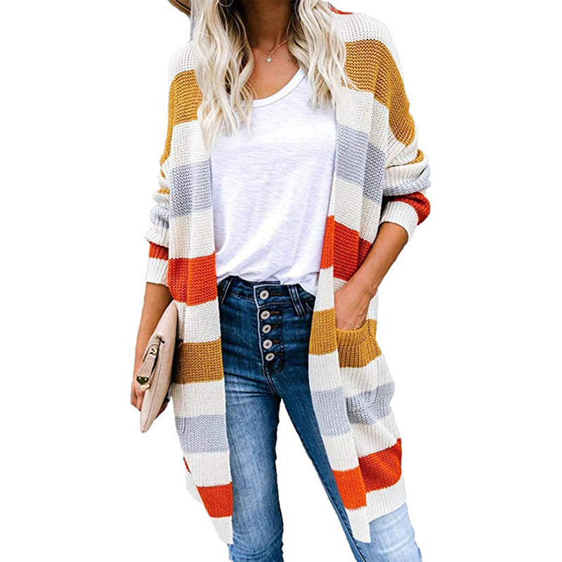 Women's casual cardigan with fashionable striped pattern and practical pockets Ivyshape