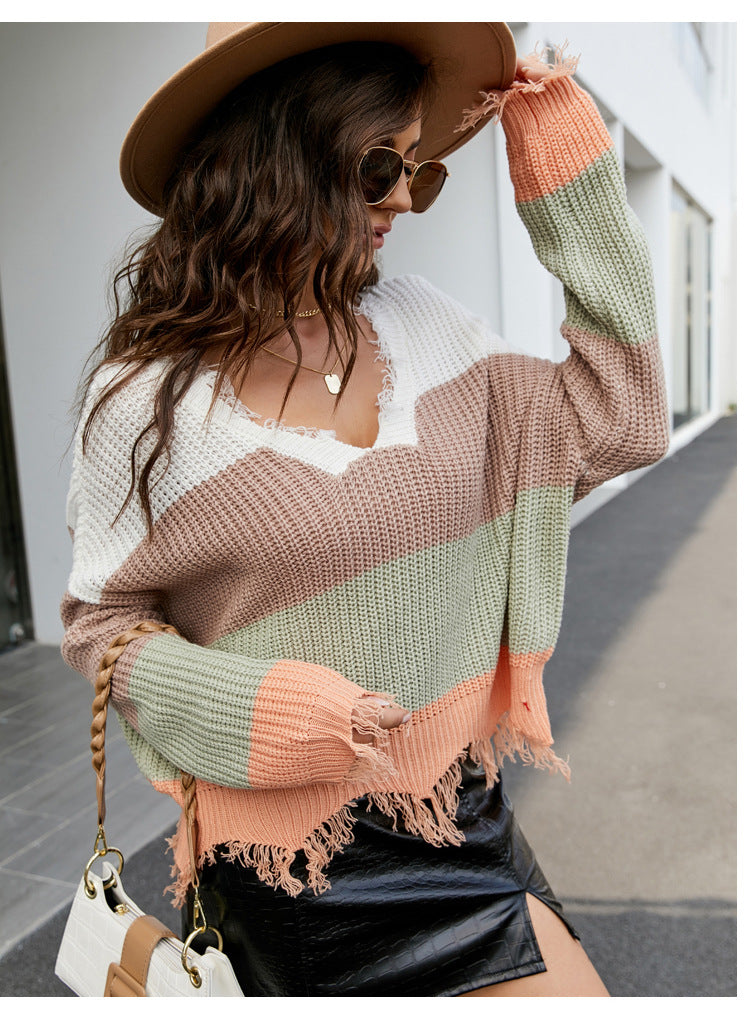 IvyShape | V-neck fringe sweater