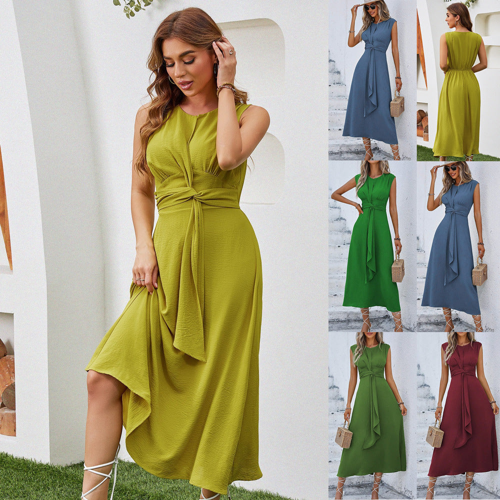 IvyShape | Waist-Tightening Strap Solid Sleeveless Long Dress