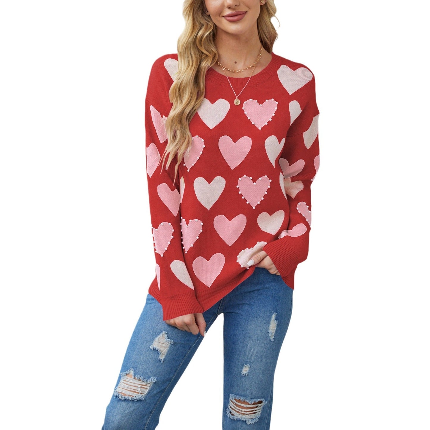 IvyShape | Valentine's Day Heart Beads Sweater