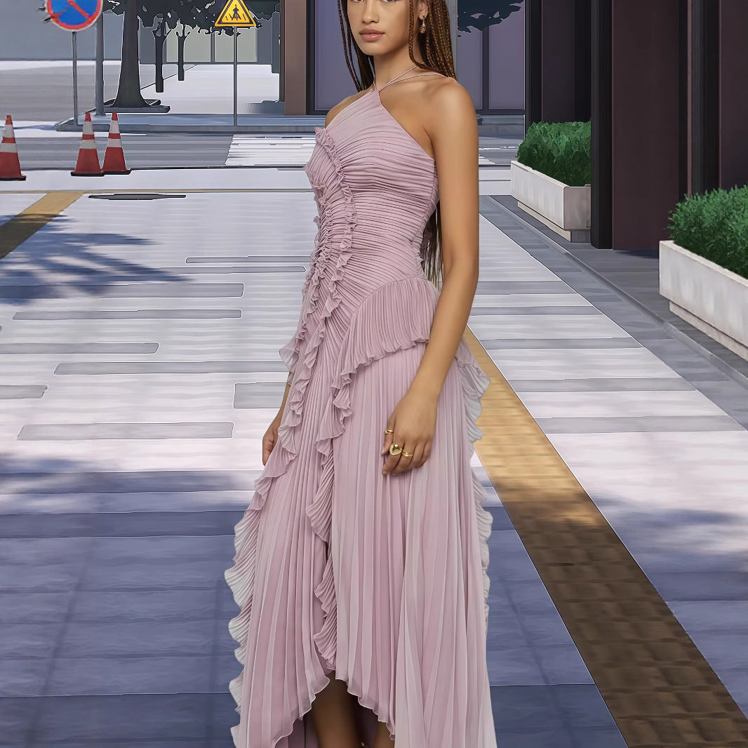 Women Elegant Wrap Dress with Pleated Ruffles and Asymmetrical Hem Ivyshape