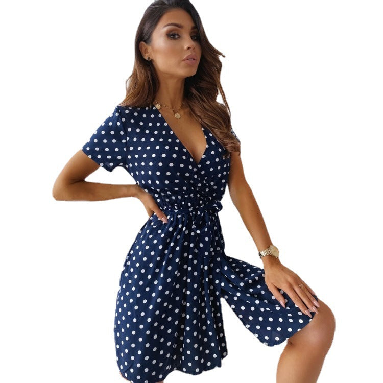 Women Polka Dot A-Line Mini Dress with Tie Belt Ivyshape