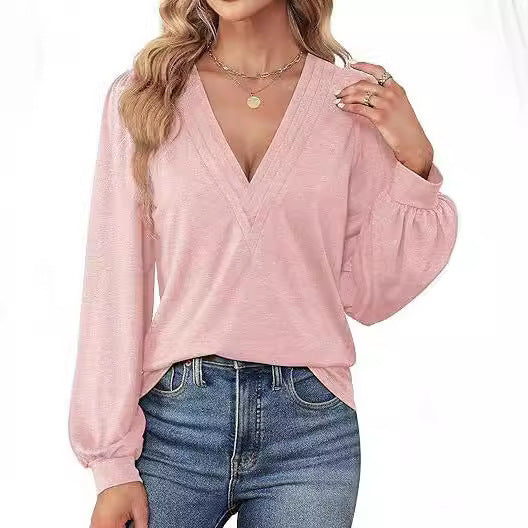 Women Elegant V-Neck Top with Puff Sleeves Ivyshape
