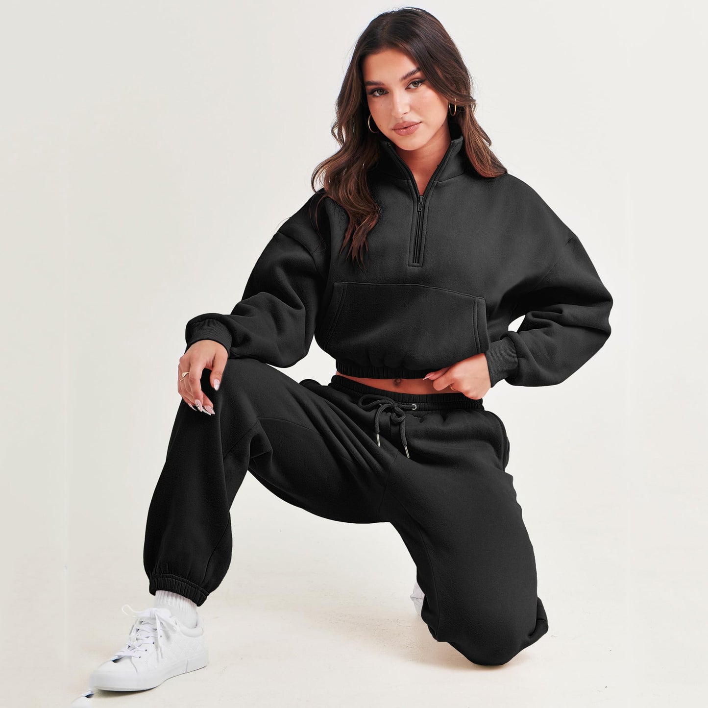 Women's cozy sweatshirt with half zip and elastic waistband Ivyshape