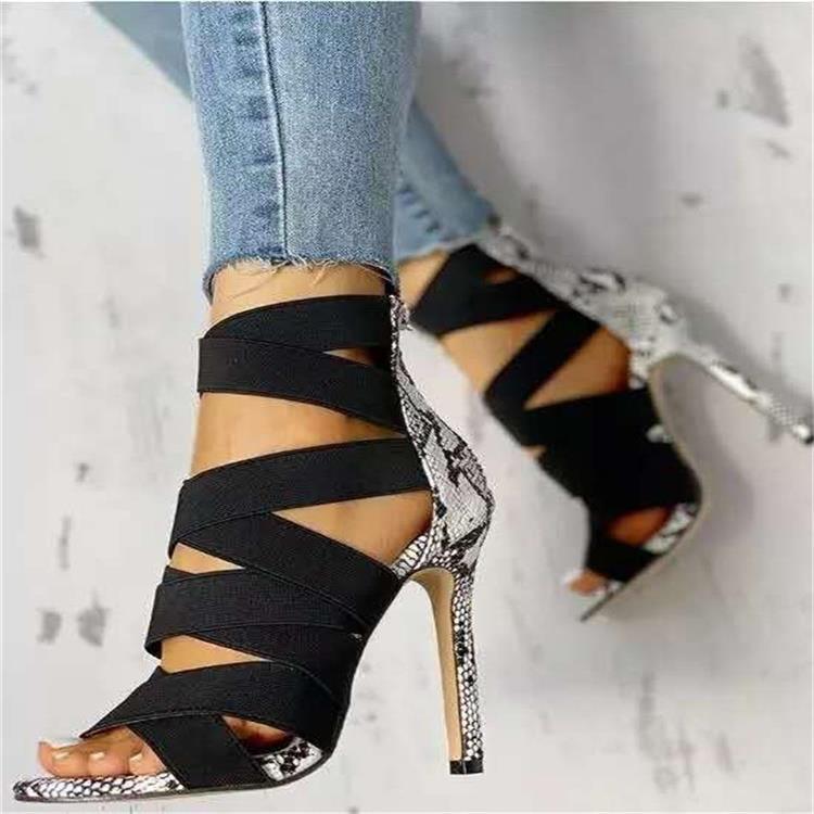 Women's High-Quality Ankle Strap Sandals with Snake Print and High Heel Ivyshape
