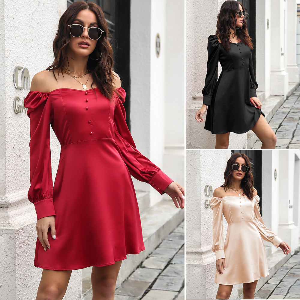 Ladies Satin Dress with Button Details and Puff Sleeves Ivyshape