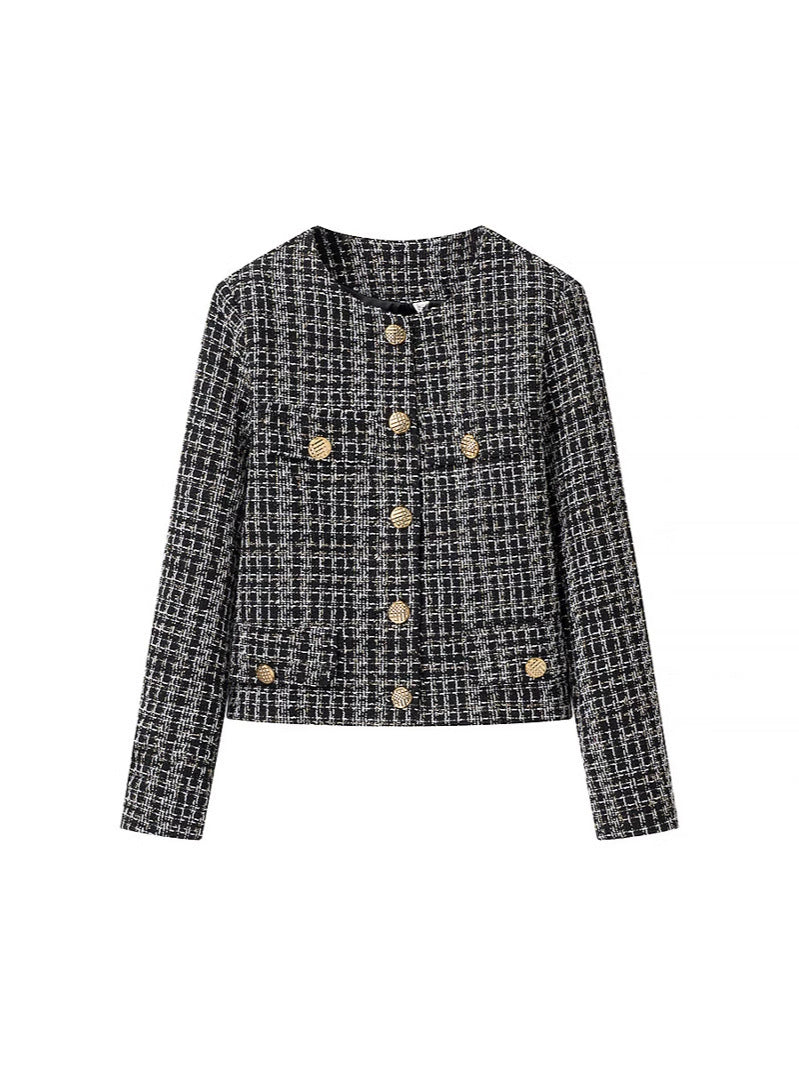 Women elegant tweed jacket with gold buttons Ivyshape