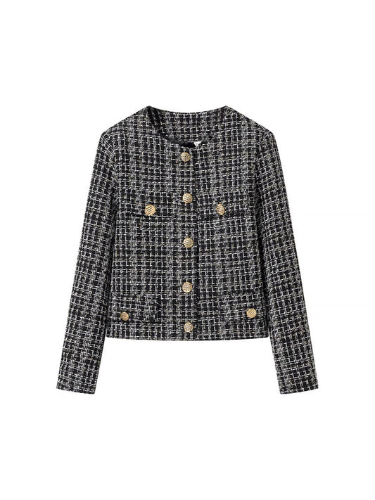 Women elegant tweed jacket with gold buttons Ivyshape