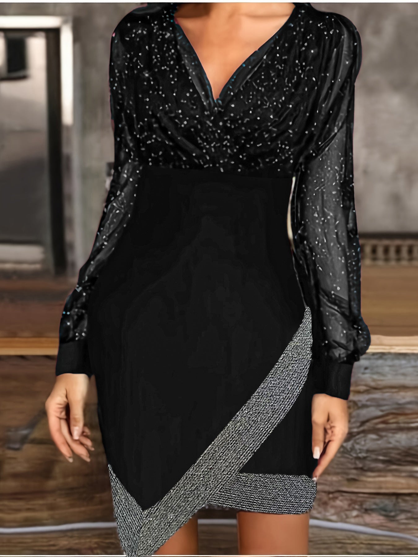 Ladies stylish wrap dress with glitter accents and transparent sleeve look Ivyshape