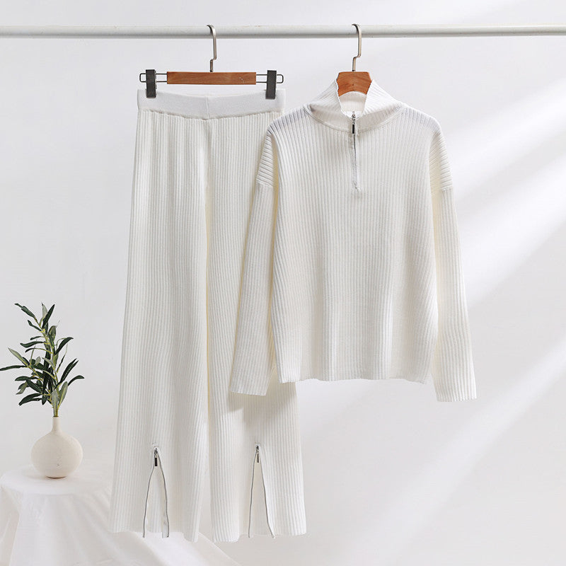 IvyShape | Stand Collar Loose Knit Sweater and Split Pantsuit Set