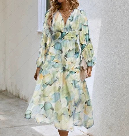 Ivyshape | Women’s Printed V-Neck Long Sleeve Summer Maxi Dress