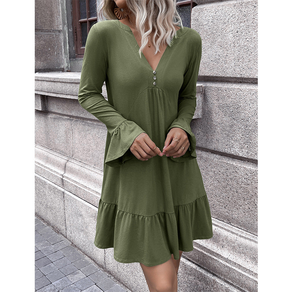 Women's loose dress with flattering V-neckline and bell sleeves Ivyshape