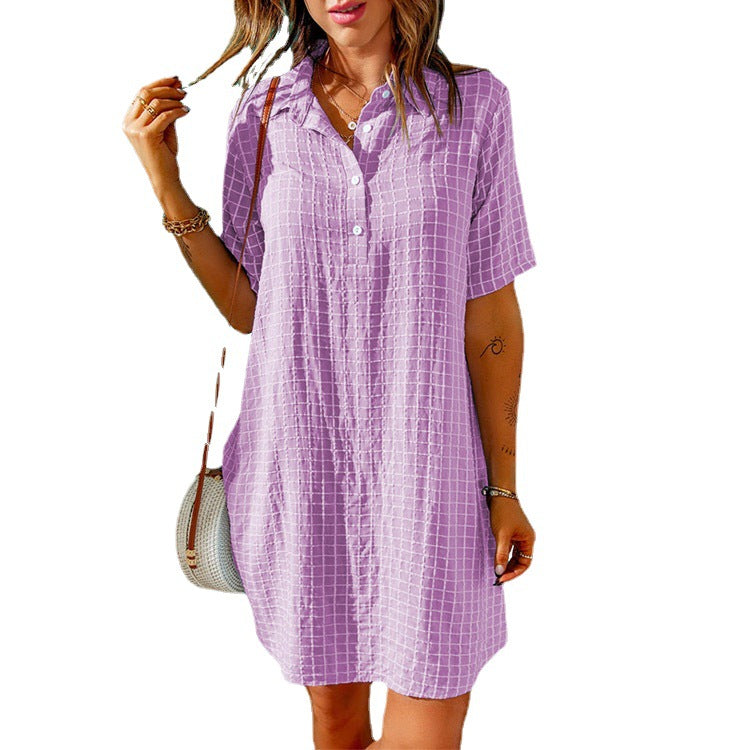 IvyShape | Plaid Collar Button Short Sleeve Dress