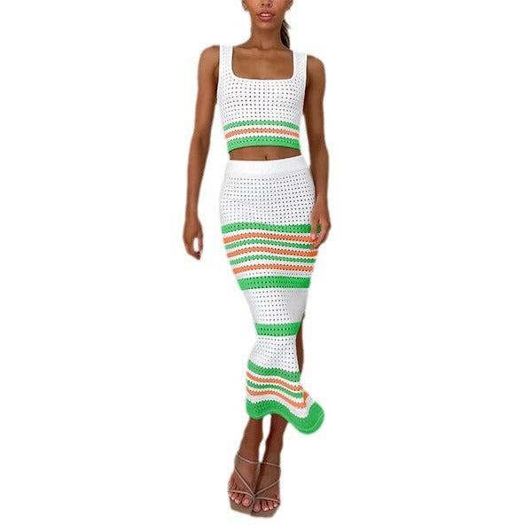 IvyShape | Color-blocked striped top and tank dress set