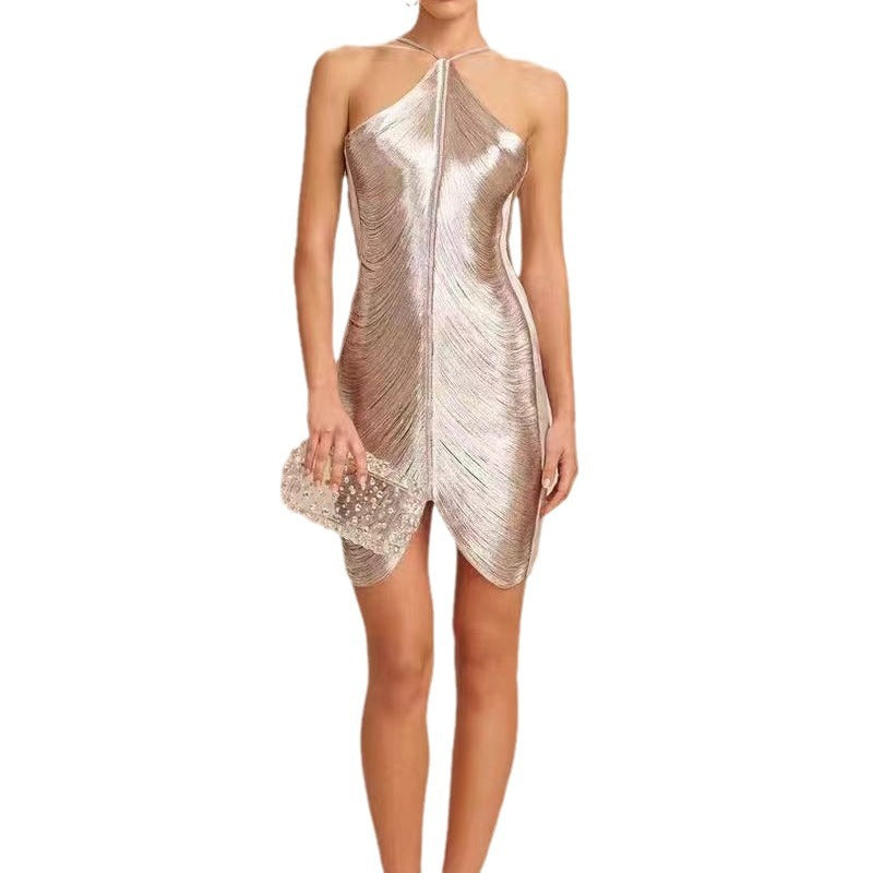 Ladies Elegant Party Dress with Alluring Slit and Gold Accents Ivyshape