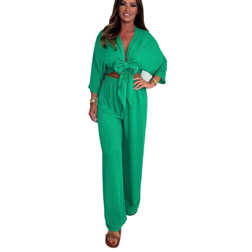 Ladies Elegant Jumpsuit with Playful Knot and Wide Cut Legs Ivyshape