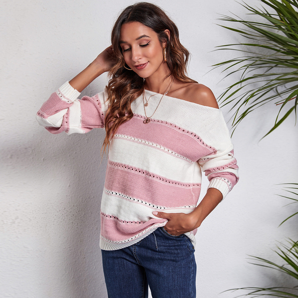 Women's Casual Knit Sweater with Trendy Striped Pattern and Sparkling Details Ivyshape